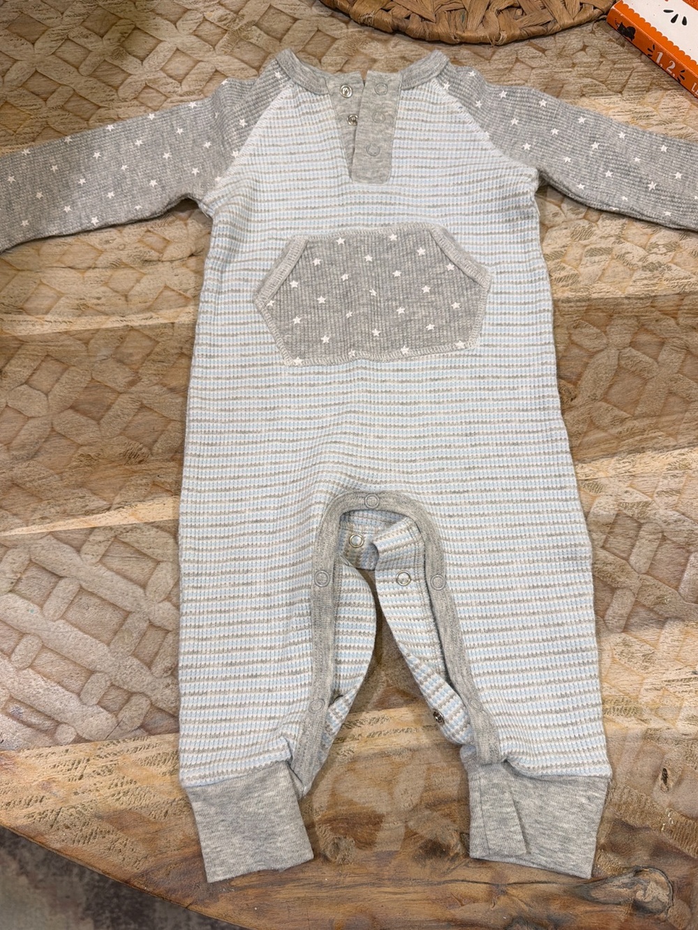 Mud Pie Gray Star Pocket Long-Sleeve Baby One-Piece
